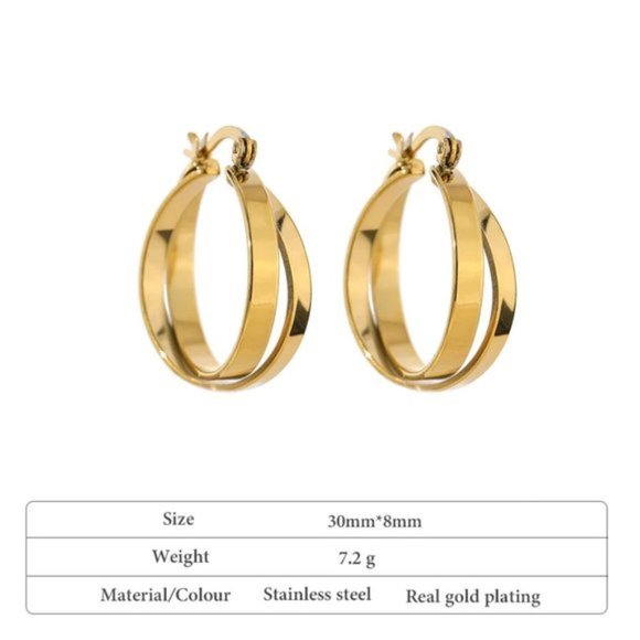 NEW 18K Gold Plated Double Cross Interlocking Round Hoop Earrings - Picture 5 of 5